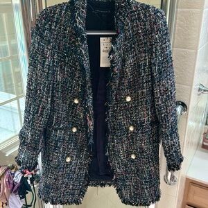 NWT Zara metallic tweed shaggy coat with pearl buttons size S